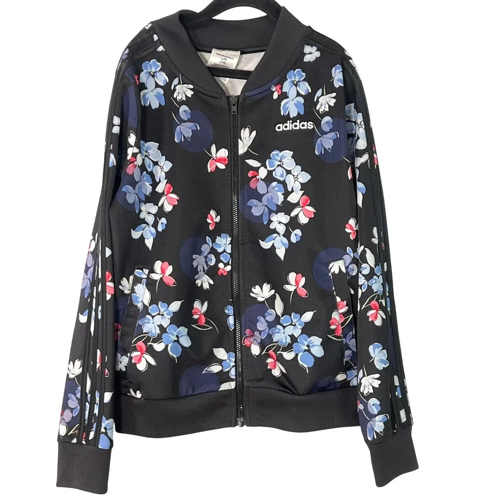 Adidas Kids Black Blue Floral Zip Up Track Suit Jacket Sporty Girls 14 Athletic‎
